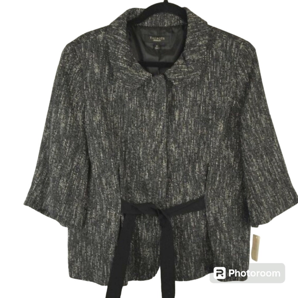 Talbots Black‎ & White Button Jacket with Waist Tie Size 14 NWT